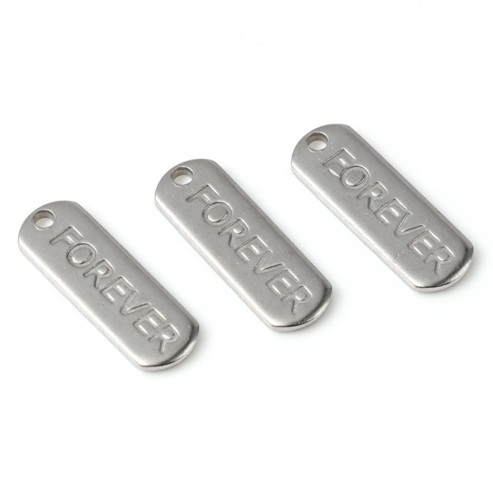 Picture of Stainless Steel Charms Strip Silver Tone Message " FOREVER " 17mm x 6mm, 5 PCs