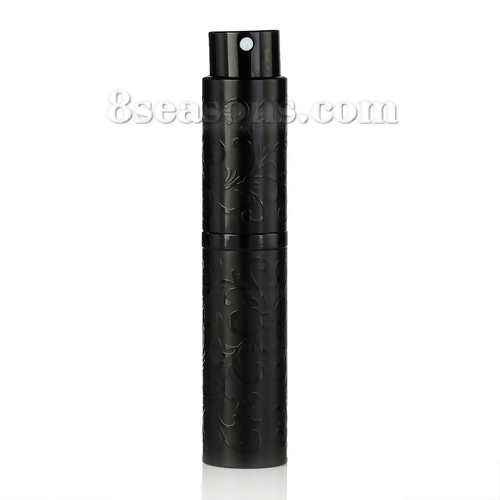 Picture of 10ml Glass & Aluminum Lid Make Up Spray Perfume Atomizer Empty Bottle Cosmetic Rotatable Black Pattern Carved 10.5cm(4 1/8") x 2.3cm( 7/8"), 1 Piece