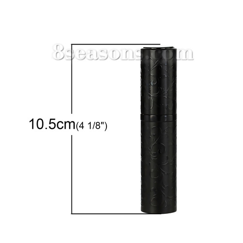 Picture of 10ml Glass & Aluminum Lid Make Up Spray Perfume Atomizer Empty Bottle Cosmetic Rotatable Black Pattern Carved 10.5cm(4 1/8") x 2.3cm( 7/8"), 1 Piece