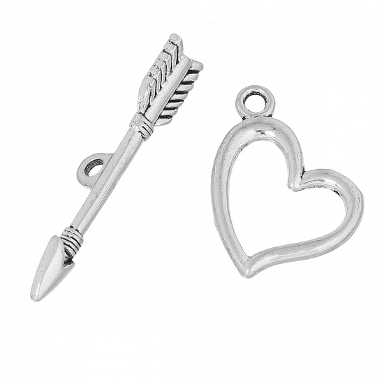 Picture of Zinc Based Alloy Toggle Clasps Arrow Through Heart Antique Silver Color 36mm x 7mm 21mm x 20mm, 50 Sets