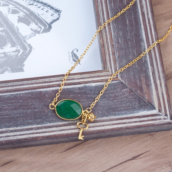 Picture of New Fashion Jewelry Handmade Necklace Gold Tone Antique Gold Link Chain Key With Dark green Jade Cabochons Faceted 50.5cm(19 7/8") long, 1 Piece