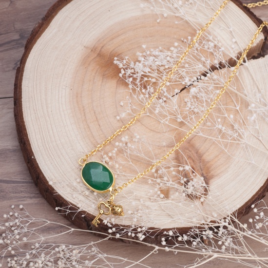 Picture of New Fashion Jewelry Handmade Necklace Gold Tone Antique Gold Link Chain Key With Dark green Jade Cabochons Faceted 50.5cm(19 7/8") long, 1 Piece