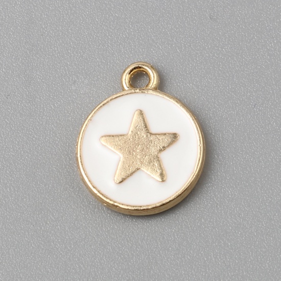 Bild von Zinklegierung Charms Rund Vergoldet Weiß Stern Emaille 14mm x 12mm, 10 Stück