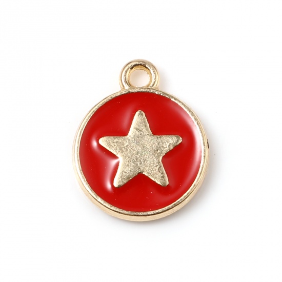 Bild von Zinklegierung Charms Rund Vergoldet Rot Stern Emaille 14mm x 12mm, 10 Stück