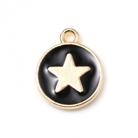 Picture of Zinc Based Alloy Charms Round Gold Plated Black Star Enamel 14mm x 12mm, 10 PCs