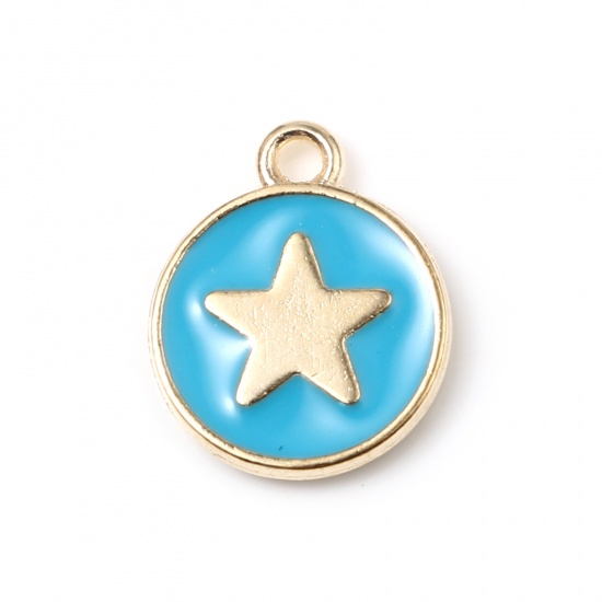 Picture of Zinc Based Alloy Charms Round Gold Plated Blue Star Enamel 14mm x 12mm, 10 PCs