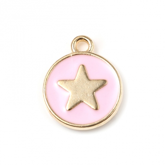 Picture of Zinc Based Alloy Charms Round Gold Plated Pink Star Enamel 14mm x 12mm, 10 PCs