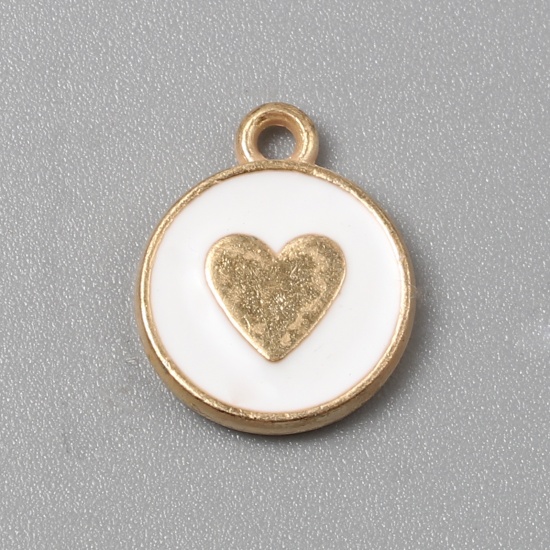 Picture of Zinc Based Alloy Charms Round Gold Plated White Heart Enamel 14mm x 12mm, 10 PCs