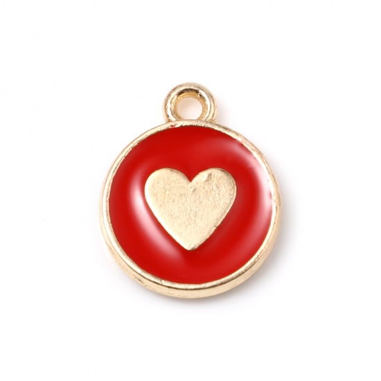 Picture of Zinc Based Alloy Charms Round Gold Plated Red Heart Enamel 14mm x 12mm, 10 PCs