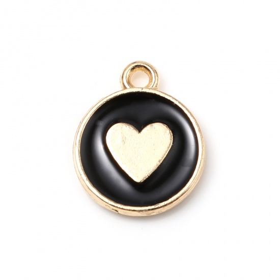 Picture of Zinc Based Alloy Charms Round Gold Plated Black Heart Enamel 14mm x 12mm, 10 PCs