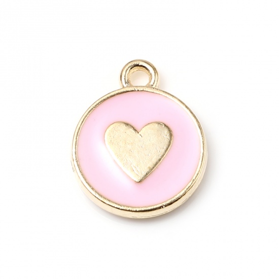 Picture of Zinc Based Alloy Charms Round Gold Plated Pink Heart Enamel 14mm x 12mm, 10 PCs