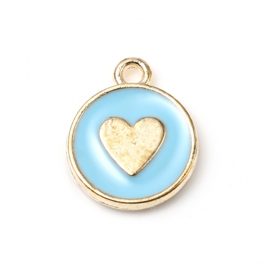 Picture of Zinc Based Alloy Charms Round Gold Plated Blue Heart Enamel 14mm x 12mm, 10 PCs