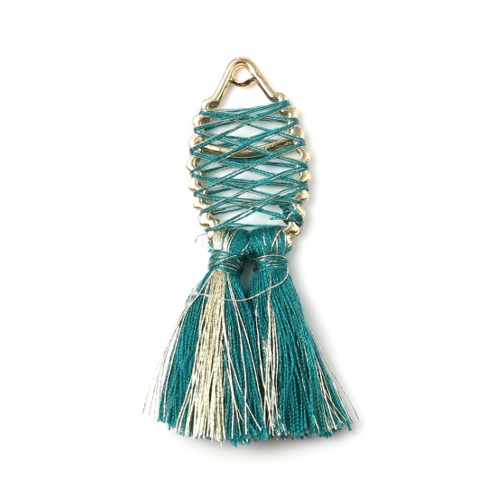 Picture of Zinc Based Alloy & Polyester Tassel Pendants Tassel Gold Plated Green Drop 62mm x 25mm, 2 PCs