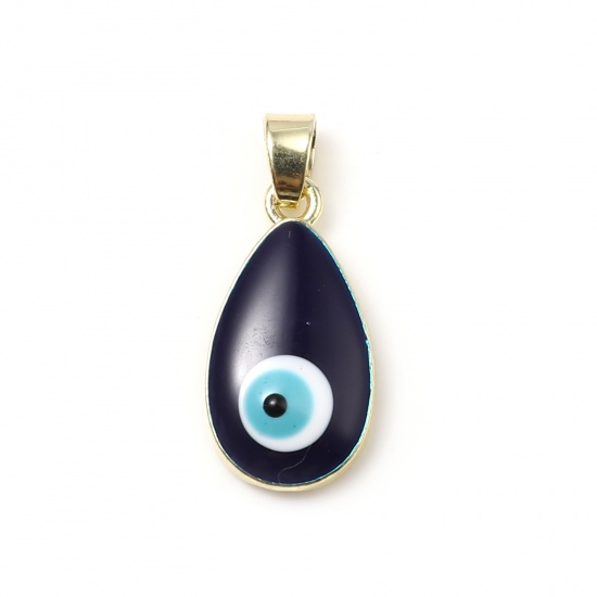 Picture of Zinc Based Alloy Religious Charms Drop Gold Plated Dark Blue Evil Eye Enamel 25mm x 11mm, 2 PCs