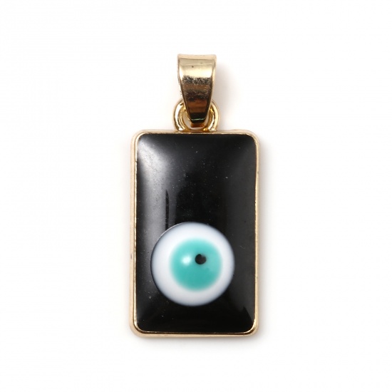 Picture of Zinc Based Alloy Religious Charms Rectangle Gold Plated Black Evil Eye Enamel 26mm x 11mm, 2 PCs