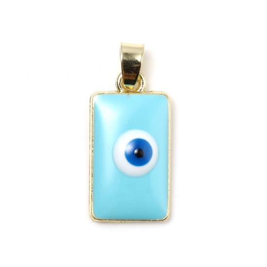 Picture of Zinc Based Alloy Religious Charms Rectangle Gold Plated Light Blue Evil Eye Enamel 26mm x 11mm, 2 PCs