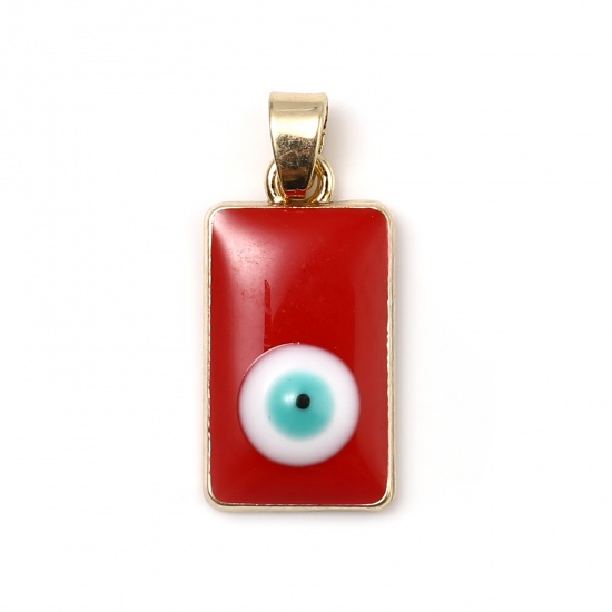 Picture of Zinc Based Alloy Religious Charms Rectangle Gold Plated Red Evil Eye Enamel 26mm x 11mm, 2 PCs