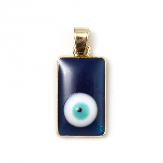 Picture of Zinc Based Alloy Religious Charms Rectangle Gold Plated Dark Blue Evil Eye Enamel 26mm x 11mm, 2 PCs