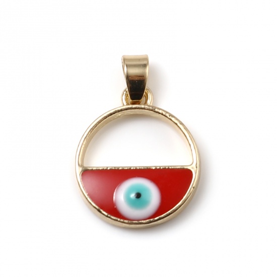 Picture of Zinc Based Alloy Religious Charms Round Gold Plated Red Evil Eye Hollow 23mm x 16mm, 2 PCs
