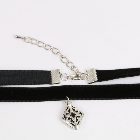 Picture of New Fashion Black Velveteen Handmade Choker Necklace Antique Silver Rhombus Pattern Carved Pendant 34.5cm(13 5/8") long, 1 Piece