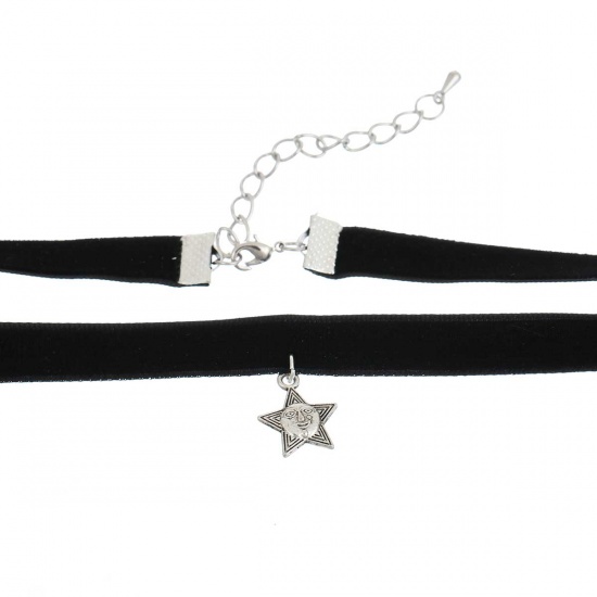 Picture of New Fashion Black Velveteen Handmade Choker Necklace Antique Silver Smile Star Pendant 34.5cm(13 5/8") long, 1 Piece