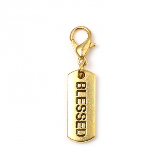 Picture of Zinc Based Alloy Positive Quotes Energy Knitting Stitch Markers Geometric Gold Plated Black Message " Blessed " Enamel 35mm x 8mm, 6 PCs