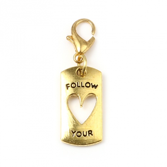 Picture of Zinc Based Alloy Positive Quotes Energy Knitting Stitch Markers Geometric Gold Plated Black Message " follow your heart " Enamel 35mm x 8mm, 6 PCs