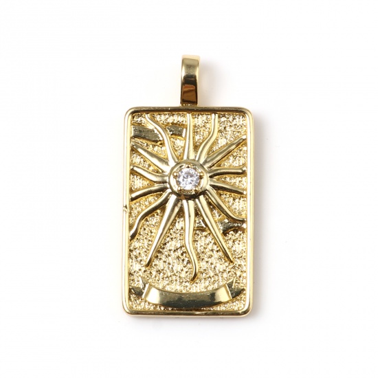 Picture of Brass Tarot Pendants Gold Plated Rectangle The Sun Clear Cubic Zirconia 30mm x 15mm, 1 Piece                                                                                                                                                                  