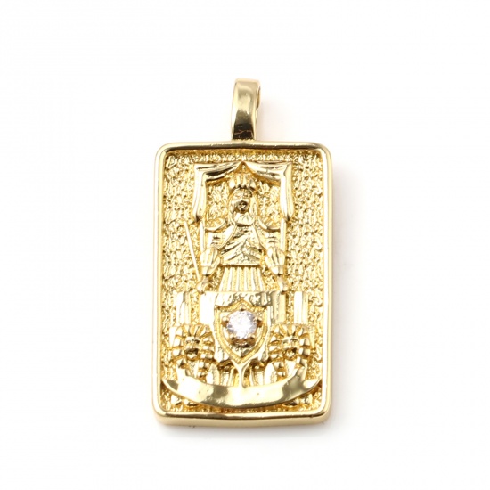 Immagine di Ottone Tarocchi Ciondoli Oro Placcato Rettangolo Il Carro Trasparente Cubic Zirconiae 30mm x 15mm, 1 Pz