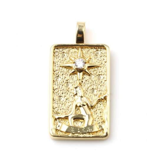 Picture of Brass Tarot Pendants Gold Plated Rectangle The Star Clear Cubic Zirconia 30mm x 15mm, 1 Piece                                                                                                                                                                 