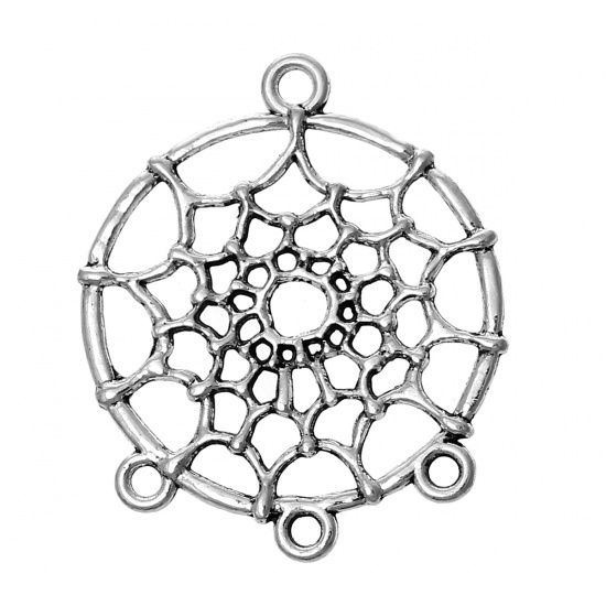 Image de Connecteurs de Bijoux Lustre en Alliage de Zinc Forme Attrapeur de Rêves Argent Vieilli Creux 34mm x 28mm, 30 Pcs