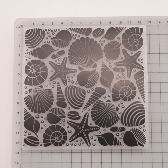 Bild von ABS Plastik Ozean Schmuck Vorlage für Prägeordner Quadrat Schwarz, Seesterne Muster 12.6cm x 12.6cm, 1 Stück