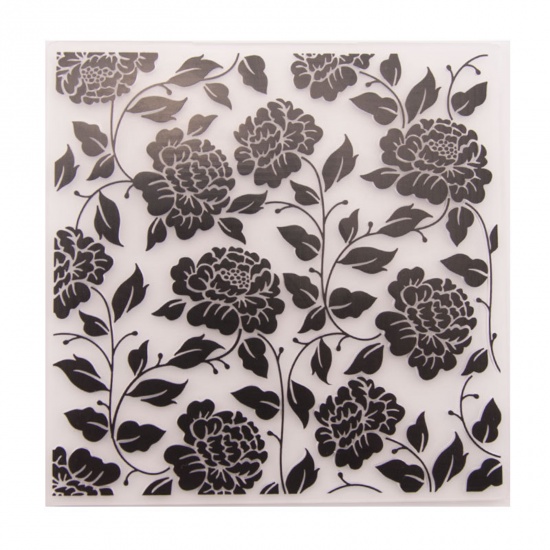 Picture of Plastic Embossing Folders Template Square Black Flower Pattern 13.5cm x 13.5cm, 1 Piece