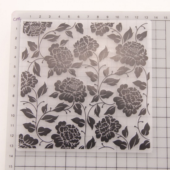 Picture of Plastic Embossing Folders Template Square Black Flower Pattern 13.5cm x 13.5cm, 1 Piece
