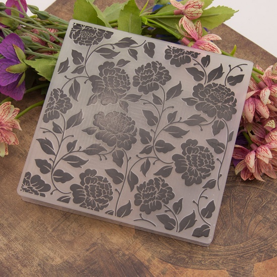 Bild von ABS Plastik Vorlage für Prägeordner Quadrat Schwarz, Blumen Muster 13.5cm x 13.5cm, 1 Stück