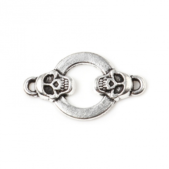 Picture of Zinc Based Alloy Halloween Connectors Circle Ring Antique Silver Color Skeleton Skull 24mm x 14mm, 30 PCs