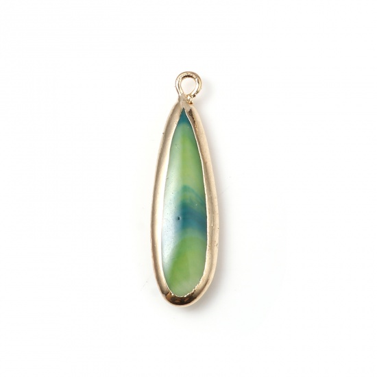 Picture of Dyed Zinc Based Alloy & Shell Pendants Gold Plated Drop Green 32mm x 11mm, 2 PCs