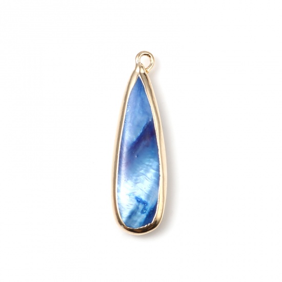 Picture of Dyed Zinc Based Alloy & Shell Pendants Gold Plated Drop Blue 32mm x 11mm, 2 PCs