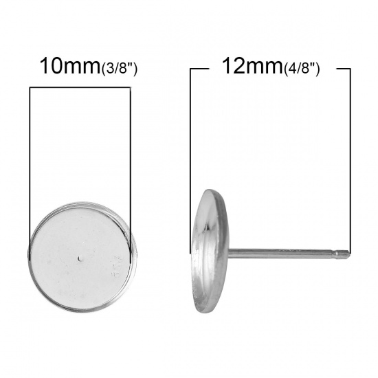 Picture of Sterling Silver Ear Post Stud Earrings Cabochon Settings Round Silver (Fits 9mm Dia) 12mm( 4/8") x 10mm( 3/8"), Post/ Wire Size: (20 gauge), 1 Pair