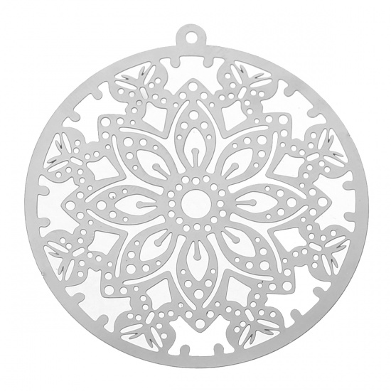 Bild von 304 Edelstahl Charm Anhänger Filigran Stempel Rund Silberfarben Schmetterling 51mm x 48mm, 10 Stücke