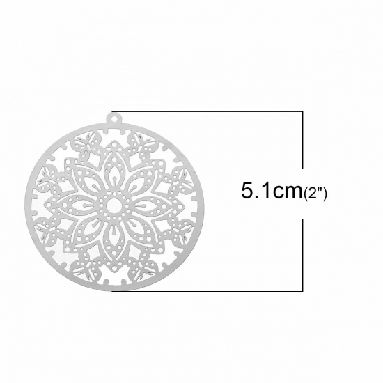 Bild von 304 Edelstahl Charm Anhänger Filigran Stempel Rund Silberfarben Schmetterling 51mm x 48mm, 10 Stücke