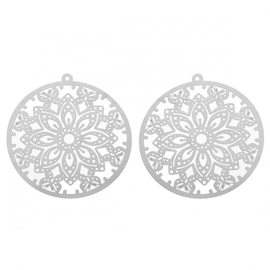 Bild von 304 Edelstahl Charm Anhänger Filigran Stempel Rund Silberfarben Schmetterling 51mm x 48mm, 10 Stücke
