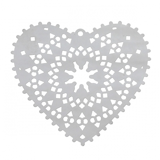 Picture of 304 Stainless Steel Filigree Stamping Pendants Heart Silver Tone Pattern Carved Hollow 50mm(2") x 48mm(1 7/8"), 10 PCs