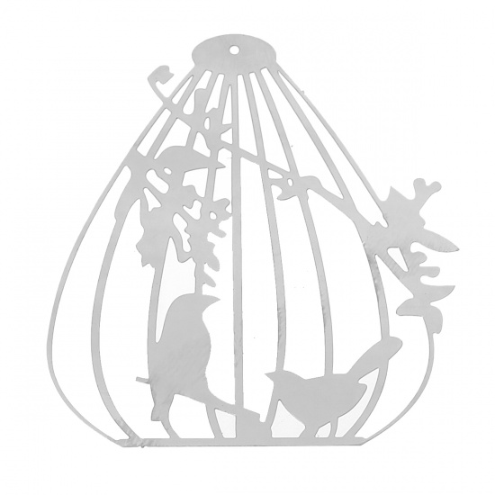 Picture of 304 Stainless Steel Filigree Stamping Pendants Birdcage Silver Tone Bird Branch Carved Hollow 50mm(2") x 46mm(1 6/8"), 10 PCs