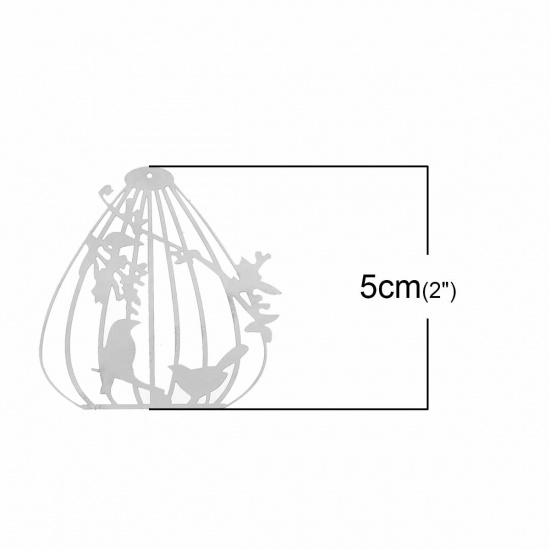 Picture of 304 Stainless Steel Filigree Stamping Pendants Birdcage Silver Tone Bird Branch Carved Hollow 50mm(2") x 46mm(1 6/8"), 10 PCs