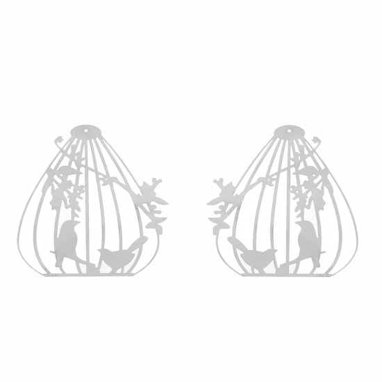 Picture of 304 Stainless Steel Filigree Stamping Pendants Birdcage Silver Tone Bird Branch Carved Hollow 50mm(2") x 46mm(1 6/8"), 10 PCs