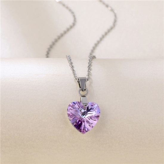 Picture of 304 Stainless Steel & Glass Necklace Silver Tone Purple Heart 45cm(17 6/8") long, 1 Piece
