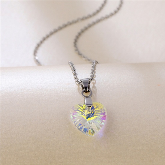 Picture of 304 Stainless Steel & Glass Necklace Silver Tone AB Color Heart 45cm(17 6/8") long, 1 Piece