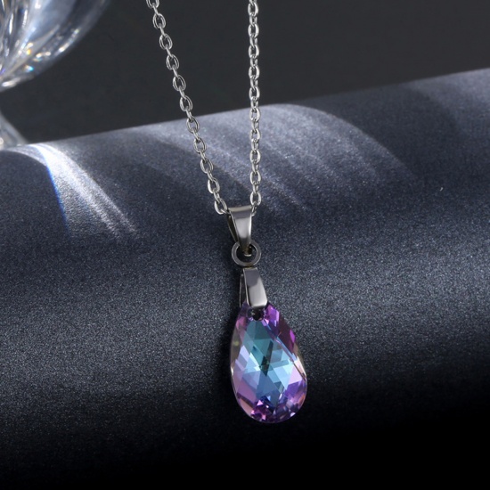 Picture of 304 Stainless Steel & Glass Necklace Silver Tone Purple Drop 45cm(17 6/8") long, 1 Piece