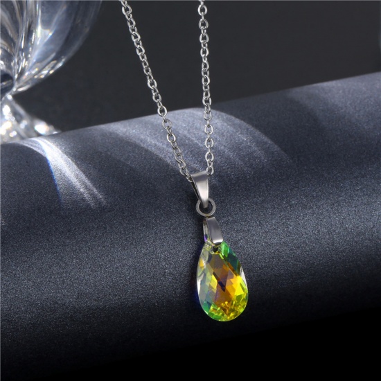Picture of 304 Stainless Steel & Glass Necklace Silver Tone AB Color Drop 45cm(17 6/8") long, 1 Piece